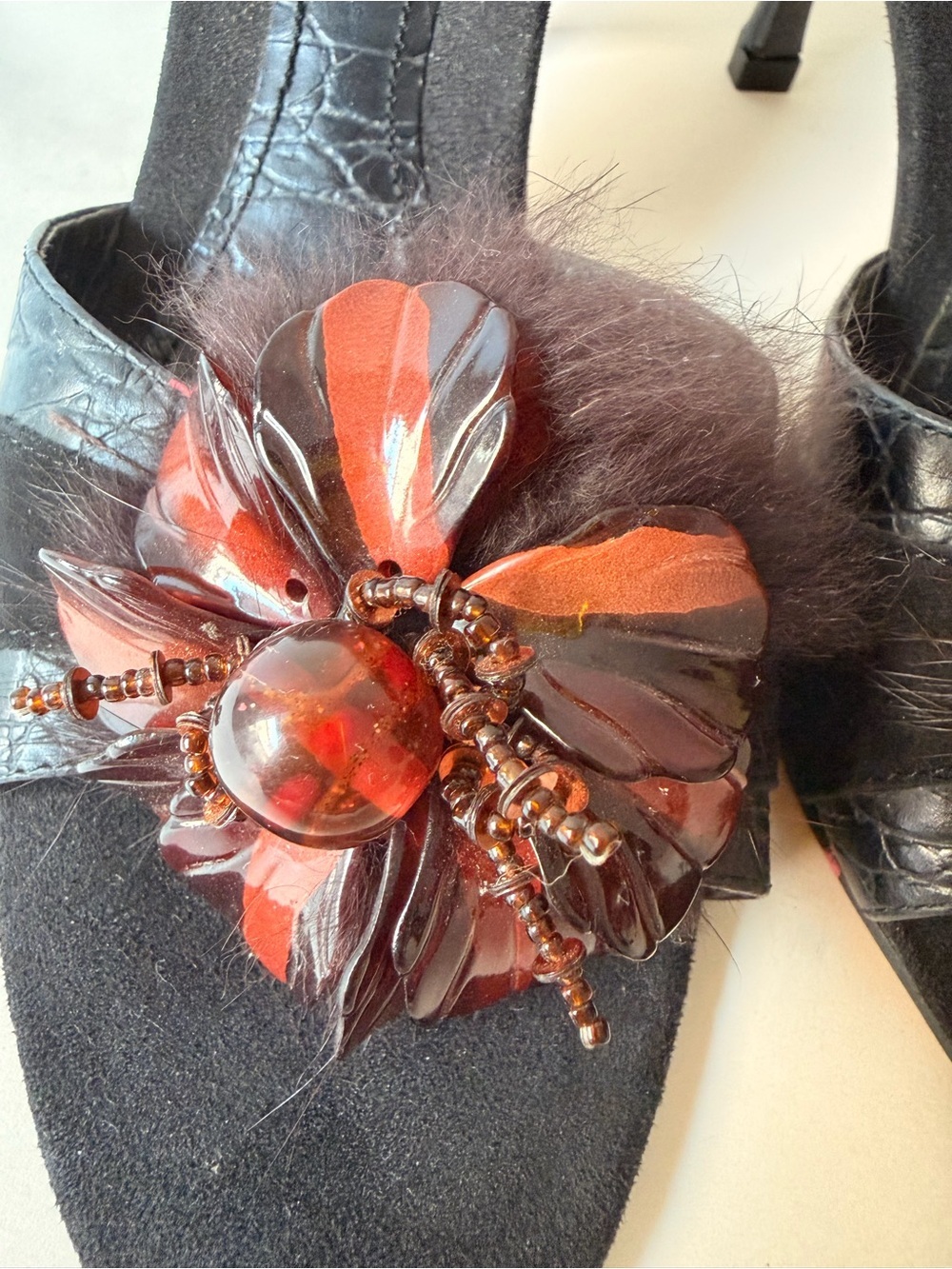Vintage Enzo Angiolini Black Croc Embossed Mule Heels | Feather Floral Toe EUC - Picture 3 of 9